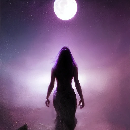 Professional painting woman goddess moon space purple black pallete planets surrealism photorealistic 8k render highly détailed,  volumetric lighting, epic composition, photorealism, very high detail,  android  by Jeremy Mann, Rutkowski and other Artstation illustrators, intricate details, face, portrait, headshot, illustration, watercolor