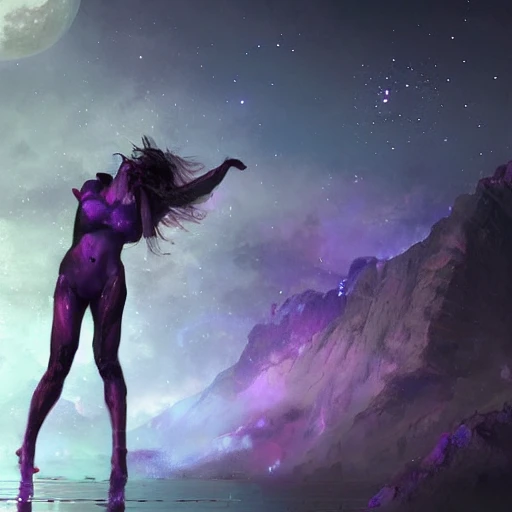 Professional painting woman goddess moon space purple black palett planets and stars  surrealism photorealistic 8k render highly détailed,  volumetric lighting, epic composition, photorealism, very high detail,  android  by Jeremy Mann, Rutkowski and other Artstation illustrators, intricate details, portrait, headshot, illustration