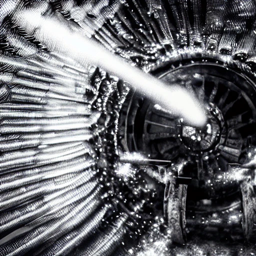 worker in industrial hall brush metal wheel making sparkles, Giger style, BW picture