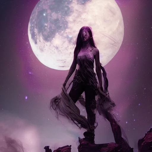Professional painting woman goddess moon space purple black palett planets and stars zodiac surrealism photorealistic 8k render highly détailed,  volumetric lighting, epic composition, photorealism, very high detail,  android  by Jeremy Mann, Rutkowski and other Artstation illustrators, intricate details, portrait, headshot, illustration