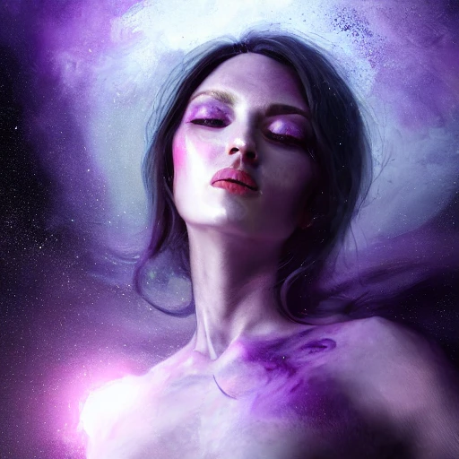 Professional painting woman goddess moon space purple black palett planets and stars zodiac virgo photorealistic 8k render highly détailed,  volumetric lighting, epic composition, photorealism, very high detail,  android  by Jeremy Mann, Rutkowski and other Artstation illustrators, intricate details, portrait, headshot, illustration