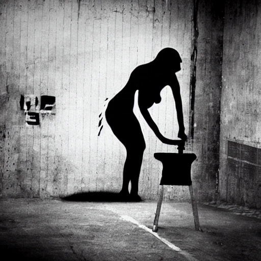 Naked girl with machine gun in industrial factory, Banksy style, BW picture