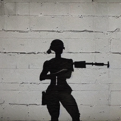 Naked girl with machine gun in industrial factory, Banksy style