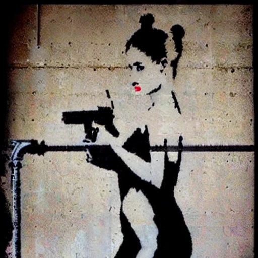 Naked girl with machine gun in industrial factory, Banksy style