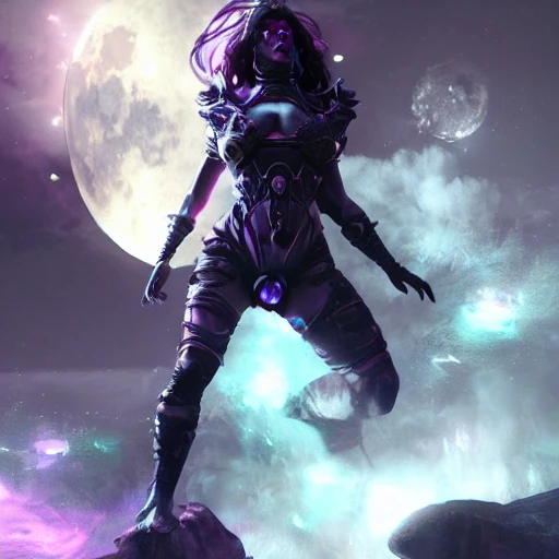 Professional painting woman goddess moon space purple black palett planets and stars zodiac symbol sign scorpion  8k render highly détailed,  volumetric lighting, epic composition, photorealism, very high detail,  android  by Jeremy Mann, Rutkowski and other Artstation illustrators, intricate details, portrait, headshot, illustration