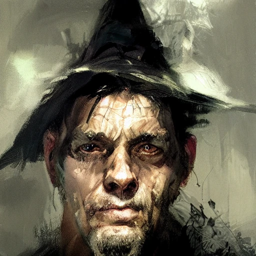 professional portrait of male witch by Jeremy Mann and other Artstation illustrators, face, colorfull, illustration, Oil Painting