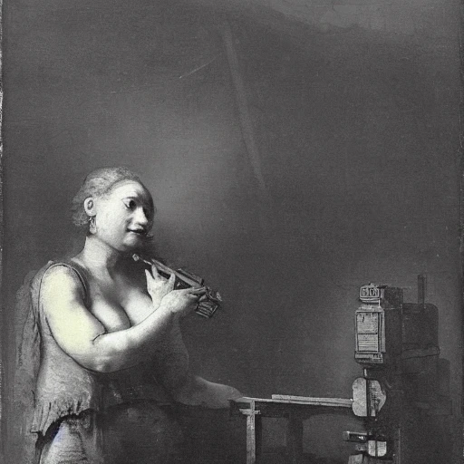 Naked girl with machine gun in industrial factory, Rembrandt style