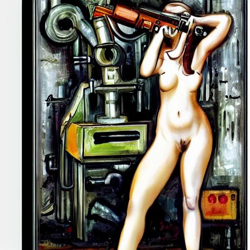 Naked girl with machine gun in industrial factory, Pablo Picaso style