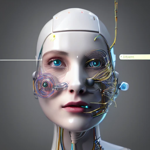 nousr robot, complex 3d render ultra detailed of a beautiful porcelain profile woman android face, cyborg, robotic parts, 150 mm, beautiful studio soft light, rim light, vibrant details, luxurious cyberpunk,  hyperrealistic, anatomical, facial muscles, cable electric wires, microchip, elegant, beautiful background, octane render, 8k 