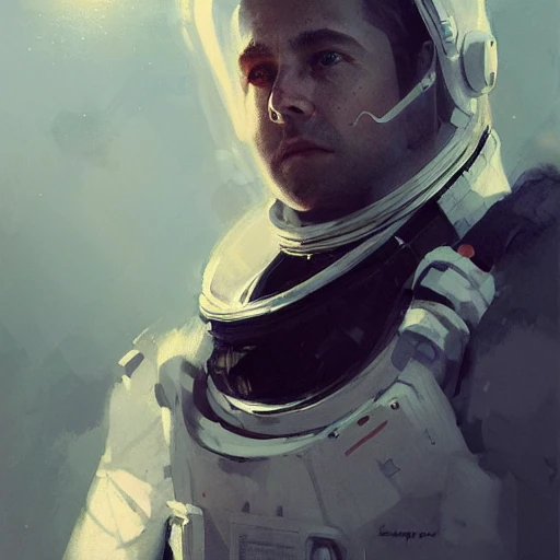 Professional portrait of a handsome astronaut by Jeremy Mann, Rutkowski and other Artstation illustrators, intricate details, face, portrait, headshot, illustration, UHD, 4K