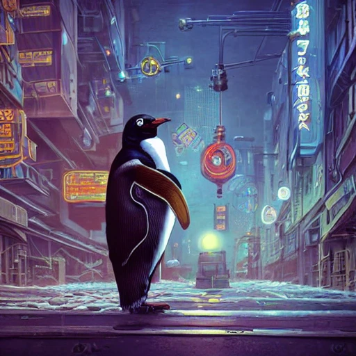 Portrait of a steampunk penguin in a cyberpunk city, by Arai Yoshimune, Simon Stålenhag, and Dan Mumford Photorealism hyperdetailed trending on Artstation 8k resolution digital illustration cel-shaded surrealism romanticism expressionism impressionist