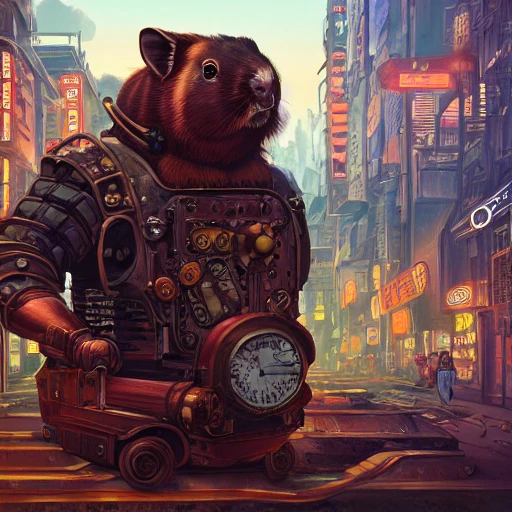 Portrait of a steampunk guinea pig in a cyberpunk city, by Arai Yoshimune, Simon Stålenhag, and Dan Mumford Photorealism hyperdetailed trending on Artstation 8k resolution digital illustration cel-shaded surrealism romanticism expressionism impressionist