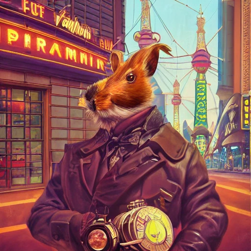 Portrait of a steampunk guinea pig in las vegas, by Arai Yoshimune, Simon Stålenhag, and Dan Mumford Photorealism hyperdetailed trending on Artstation 8k resolution digital illustration cel-shaded surrealism romanticism expressionism impressionist