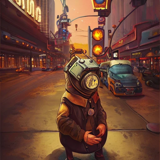 Portrait of a steampunk guinea pig in las vegas, by Arai Yoshimune, Simon Stålenhag, and Dan Mumford Photorealism hyperdetailed trending on Artstation 8k resolution digital illustration cel-shaded surrealism romanticism expressionism impressionist