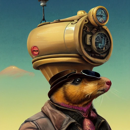 Portrait of a steampunk guinea pig in las vegas, by Arai Yoshimune, Simon Stålenhag, and Dan Mumford Photorealism hyperdetailed trending on Artstation 8k resolution digital illustration cel-shaded surrealism romanticism expressionism impressionist