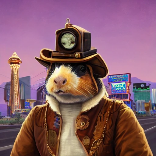 Portrait of a steampunk guinea pig in las vegas, by Arai Yoshimune, Simon Stålenhag, and Dan Mumford Photorealism hyperdetailed trending on Artstation 8k resolution digital illustration cel-shaded surrealism romanticism expressionism impressionist