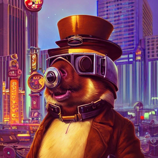 Portrait of a steampunk guinea pig in las vegas, by Arai Yoshimune, Simon Stålenhag, and Dan Mumford Photorealism hyperdetailed trending on Artstation 8k resolution digital illustration cel-shaded surrealism romanticism expressionism impressionist