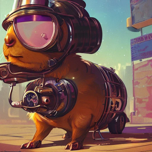 Portrait of a steampunk guinea pig in las vegas, by Arai Yoshimune, Simon Stålenhag, and Dan Mumford Photorealism hyperdetailed trending on Artstation 8k resolution digital illustration cel-shaded surrealism romanticism expressionism impressionist