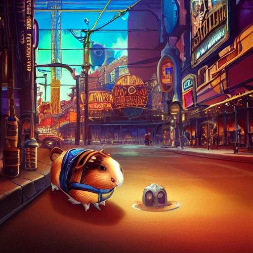 Portrait of a steampunk guinea pig in las vegas, by Arai Yoshimune, Simon Stålenhag, and Dan Mumford Photorealism hyperdetailed trending on Artstation 8k resolution digital illustration cel-shaded surrealism romanticism expressionism impressionist