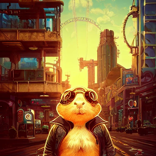 Portrait of a steampunk guinea pig in las vegas, by Arai Yoshimune, Simon Stålenhag, and Dan Mumford Photorealism hyperdetailed trending on Artstation 8k resolution digital illustration cel-shaded surrealism romanticism expressionism impressionist