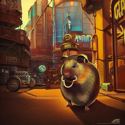 Portrait of a steampunk guinea pig in las vegas, by Arai Yoshimune, Simon Stålenhag, and Dan Mumford Photorealism hyperdetailed trending on Artstation 8k resolution digital illustration cel-shaded surrealism romanticism expressionism impressionist