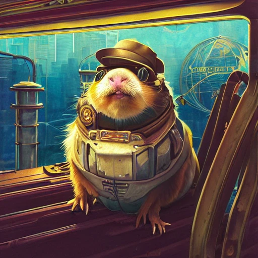 Portrait of a steampunk guinea pig in las vegas, by Arai Yoshimune, Simon Stålenhag, and Dan Mumford Photorealism hyperdetailed trending on Artstation 8k resolution digital illustration cel-shaded surrealism romanticism expressionism impressionist