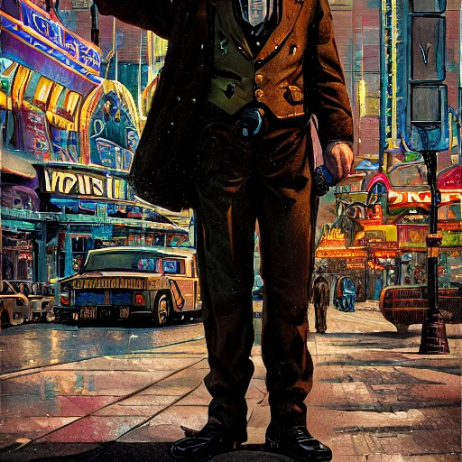 Portrait of a steampunk Vaclav Havel in a Las Vegas, by Arai Yoshimune, Simon Stålenhag, and Dan Mumford Photorealism hyperdetailed trending on Artstation 8k resolution digital illustration cel-shaded surrealism romanticism expressionism impressionist