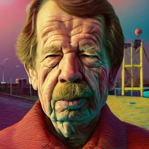 Portrait of a whole body, highly detailed face, Vaclav Havel in a Las Vegas, whole body, highly detailed face, by Arai Yoshimune, Simon Stålenhag, and Dan Mumford Photorealism hyperdetailed trending on Artstation 8k resolution digital illustration cel-shaded surrealism romanticism expressionism impressionist