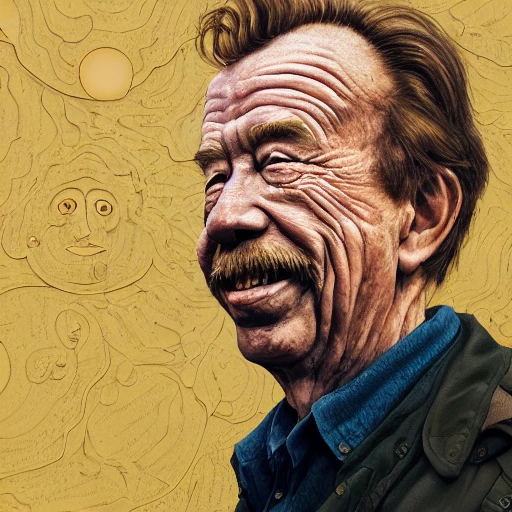 Portrait of a whole body, highly detailed face, smiling Vaclav Havel in a New York, whole body, highly detailed face, by Arai Yoshimune, Simon Stålenhag, and Dan Mumford Photorealism hyperdetailed trending on Artstation 8k resolution digital illustration cel-shaded surrealism romanticism expressionism impressionist