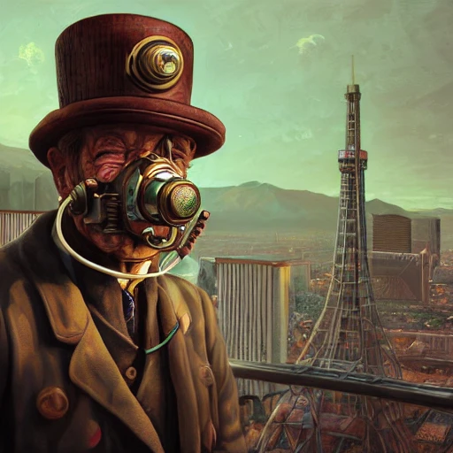 Portrait of a steampunk whole body, highly detailed face, Vaclav Havel in a Las Vegas, whole body, highly detailed face, by Arai Yoshimune, Simon Stålenhag, and Dan Mumford Photorealism hyperdetailed trending on Artstation 8k resolution digital illustration cel-shaded surrealism romanticism expressionism impressionist