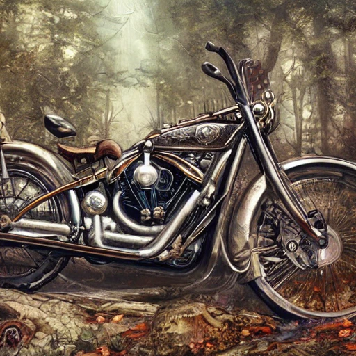 Portrait of a steampunk harley davidson Electra bike, highly detailed , in a woods, highly detailed chrome motor, , by Arai Yoshimune, Simon Stålenhag, and Dan Mumford Photorealism hyperdetailed trending on Artstation 8k resolution digital illustration cel-shaded surrealism romanticism expressionism impressionist, 3D
