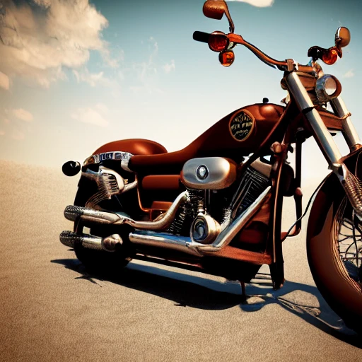photorealistic Harley Davidson Electra bike, steampunk, on a desert, 3D Octane render, UHD