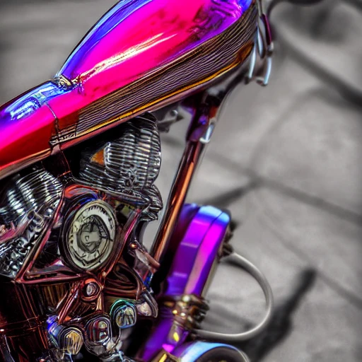 Portrait of a steampunk motorbike in las vegas, chrome, metal, red, violet,  ultra high resolution, hyperrealistic, high resolution small details, 35 mm, 4k