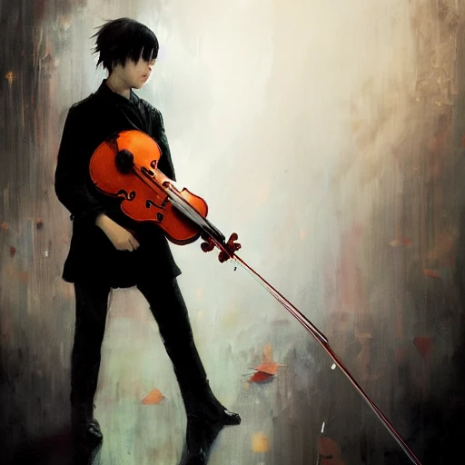 portrait of a gothic sorrow male violinist, wlop, ilya kuvshinov, artgerm, krenz cushart, greg rutkowski, hiroaki samura, repin, kramskoi, hdr, reflection, dripping neon paint, arcane style