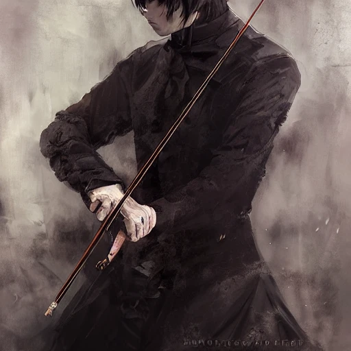 portrait of a gothic sorrow male violinist, wlop, ilya kuvshinov, artgerm, krenz cushart, greg rutkowski, hiroaki samura, repin, kramskoi, hdr, reflection, dark paint, random style