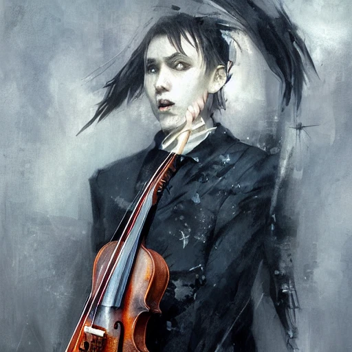 portrait of a gothic sorrow male violinist, wlop, ilya kuvshinov, artgerm, krenz cushart, greg rutkowski, hiroaki samura, repin, kramskoi, hdr, reflection, dark paint, random style