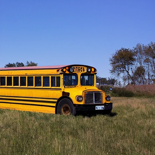 school bus, grassland