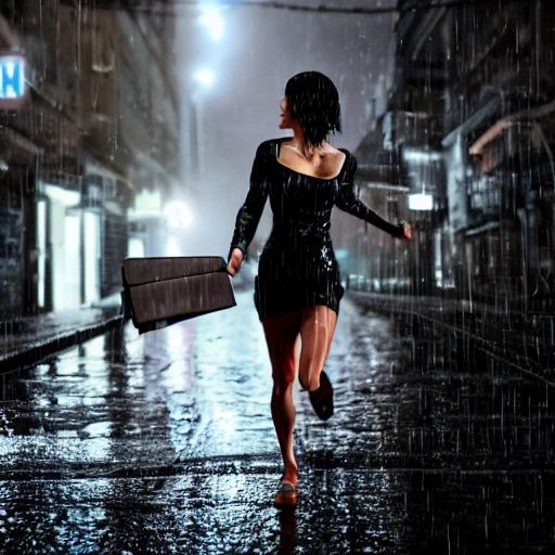action photograph of a frightened, sexy, slender, fit, woman with short hair, wet hair and skin, full lips, small breasts, wearing sheer blouse and skirt,  detailed hands and breasts, carrying a briefcase and holding a gun, running through a rainy cyberpunk alley, DOF, at night, 85mm, wlop, by rembrandt