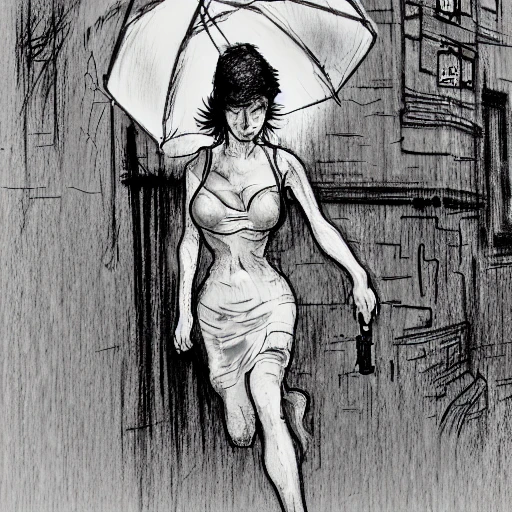 action photograph of a frightened, sexy, slender, fit, woman with short hair, wet hair and skin, full lips, small breasts, wearing sheer blouse and skirt,  detailed hands and breasts, carrying a briefcase and holding a gun, running through a rainy cyberpunk alley, DOF, at night, 85mm, wlop, by rembrandt, Pencil Sketch, Cartoon, Cartoon, Cartoon
