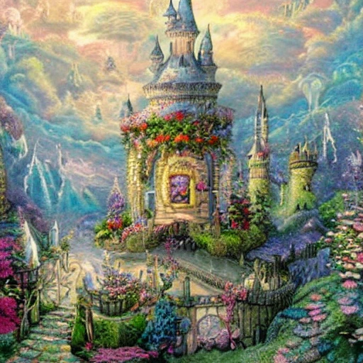 Ultra detailed whimsical fairytale castle up  in the clouds above the ground, muted pastel watercolour, intricate extremely detailed hyperdetailed, glittery background  in the style of Thomas Kinkade