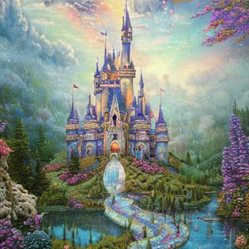 Ultra detailed whimsical fairytale castle up  in the clouds above the ground, muted pastel watercolour, intricate extremely detailed hyperdetailed, glittery background  in the style of Thomas Kinkade, Water Color