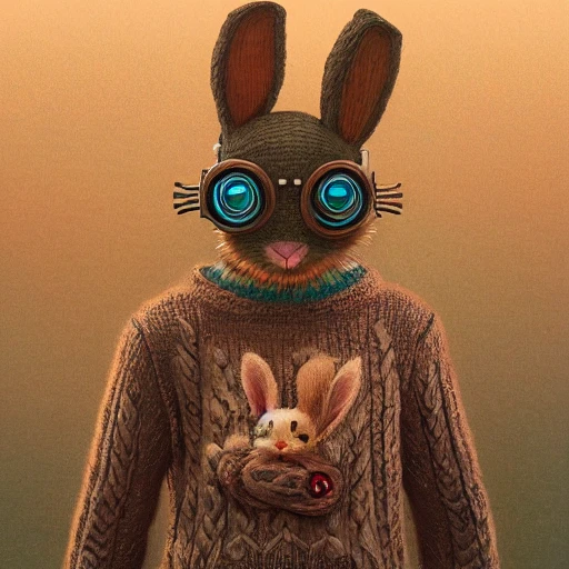Portrait of a steampunk rabbit in knitted sweater, by Arai Yoshimune, Simon Stålenhag, and Dan Mumford Photorealism hyperdetailed trending on Artstation 8k resolution digital illustration cel-shaded surrealism romanticism expressionism impressionist