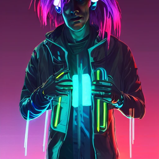 portrait of a cyberpunk guy with cyberimplants, random clothes, random neon hair color, random build, random hair length, random race, ilya kuvshinov, artgerm, krenz cushart, greg rutkowski, hiroaki samura, kramskoi, hdr, reflection, dripping neon paint, arcane style, cyberpunk edge-runners style