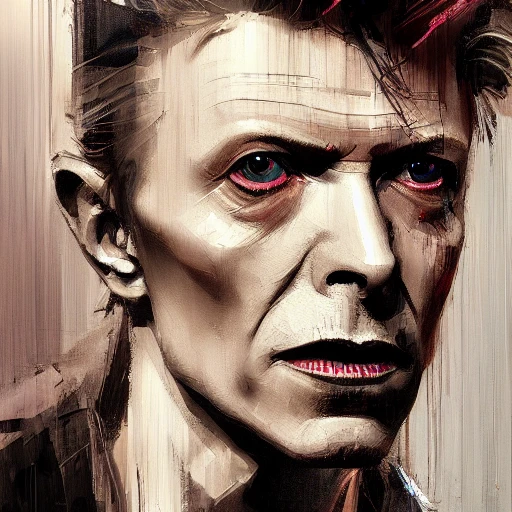 Academic figurative painting of David Bowie  by Jeremy Mann, Rutkowski, Rey Artgerm, other Artstation illustrators, intricate details, portrait, face, closeup, headshot, mugshot, illustration, UHD, 4K