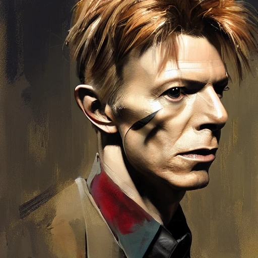 Academic figurative painting of David Bowie  by Jeremy Mann, Rutkowski, Rey Artgerm, other Artstation illustrators, intricate details, portrait, face, closeup, headshot, mugshot, illustration, UHD, 4K