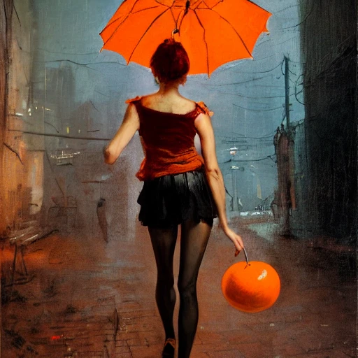 action photograph of a sexy, slender, fit, woman with short hair wearing sheer blouse and skirt, full lips, detailed hands and breasts, carrying an orange umbrella, walking in dirty cyberpunk alley, DOF, at night, 85mm, wlop, by rembrandt, Oil Painting