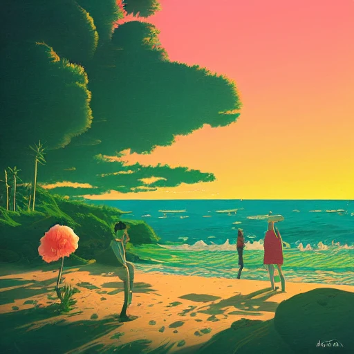 peonies on the sunset beach with nuclear blast, by Arai Yoshimune, Simon Stålenhag, and Dan Mumford 