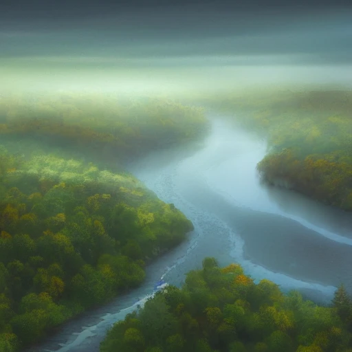 two rivers join, foggy, serene landscape, overhead view, fantasy art