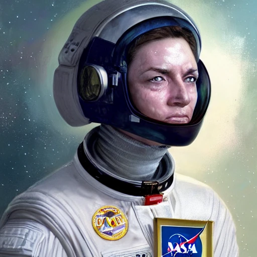 35mm, sharp focus, pores, skin details, eyes, 8k, award winning, masterpiece, Professional military portrait of a space pilot in formal NASA white parade uniform with medals, by Jeremy Mann, Rutkowski and other Artstation illustrators, intricate details, face, portrait, headshot, illustration, UHD, 4K