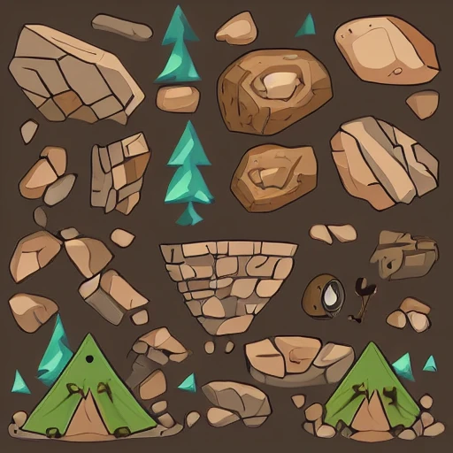 Dark, forest, camp, fire stones, Cartoon